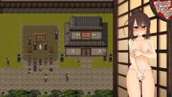Rule 34 | 1girl, audience, black eyes, blush, botan (kunoichi botan), breasts, bright pupils, brown hair, covering breasts, covering crotch, covering privates, embarrassed, enokifu, fundoshi, game cg, guard, hair bun, japanese clothes, kunoichi botan, large breasts, nervous sweating, nipples, public indecency, sweat, tears, underwear, video game, white pupils