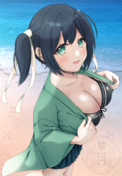 Rule 34 | 1girl, beach, bikini, black bikini, blue hair, breasts, day, green hakama, green kimono, hair ribbon, hakama, hakama short skirt, hakama skirt, japanese clothes, kantai collection, kimono, long hair, looking at viewer, ocean, open clothes, open kimono, open mouth, oyu (aoba 0054), ribbon, sand, skirt, smile, solo, souryuu (kancolle), swimsuit, twintails, water, white ribbon