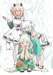 3girls absurdres airenif bent_over blue_dress breasts brown_hair cecilia_immergreen color_connection dress green_kimono green_theme grey_hair hat highres hololive hololive_english indie_virtual_youtuber japanese_clothes kimono large_breasts medium_breasts mint_fantome multiple_girls nimi_nightmare nurse_cap one_side_up twintails virtual_youtuber