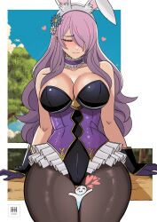 1girl animal_ears artist_logo bare_shoulders between_legs breasts camilla_(fire_emblem) camilla_(spring_princess)_(fire_emblem) cleavage closed_eyes commentary commission detached_collar english_commentary fake_animal_ears fire_emblem fire_emblem_fates fire_emblem_heroes flower giant giantess gloves hair_flower hair_ornament hair_over_one_eye highleg highleg_leotard highres ihsnet kiran_(fire_emblem) large_breasts leotard logo long_hair nintendo official_alternate_costume pantyhose person_between_thighs playboy_bunny purple_eyes purple_hair rabbit_ears sideboob size_difference smile solo thighhighs very_long_hair