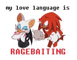 1boy 1girl anger_vein angry bat_wings breasts cleavage english_text furry furry_female gloves highres knuckles_the_echidna looking_at_another looking_at_viewer meme one_eye_closed own_hands_clasped own_hands_together purple_eyes rouge_the_bat smile smirk sonic_(series) teasing tenderandmilder trembling white_background wings