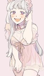 1girl absurdres axis_powers_hetalia bare_shoulders blush bow breasts choker collarbone commentary_request cowboy_shot detached_sleeves dress fingernails frills gem genderswap genderswap_(mtf) grey_hair hand_up headdress highres lace lace_trim long_hair looking_at_viewer medium_breasts ninonuko open_mouth pink_background pink_bow pink_choker pink_dress pink_gemstone pink_thighhighs puffy_short_sleeves puffy_sleeves purple_eyes russia_(female)_(hetalia) russia_(hetalia) short_dress short_sleeves simple_background single_sidelock sleeveless sleeveless_dress smile solo standing teeth thighhighs