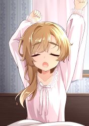 1girl :o arms_up backlighting brown_hair clenched_hands closed_eyes commentary_request curtains facing_viewer hair_down hair_intakes highres indoors long_hair long_sleeves mikuni_sairi morning pajamas pink_pajamas puffy_long_sleeves puffy_sleeves sesen2000 solo straight-on stretching swept_bangs tenshi_souzou_re-boot! thick_eyebrows upper_body waking_up window yawning