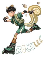 Rule 34 | 1boy, acorn, alternate costume, animal ears, bandaged knees, bandaid, bandaid on face, bandaid on knee, bandaid on leg, black hair, bowl cut, character name, cropped vest, elbow pads, fingerless gloves, full body, gloves, green shirt, green shorts, green vest, highres, inline skates, kemonomimi mode, leg warmers, light blush, looking at viewer, male focus, naruto (series), orange leg warmers, parted lips, rock lee, roller skates, shirt, short hair, shorts, skates, skating, solo, squirrel boy, squirrel ears, squirrel tail, tail, thick eyebrows, trano 613, vest, white background