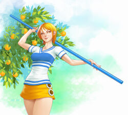 Rule 34 | 1girl, artist name, closed mouth, commentary, cowboy shot, english commentary, food, fruit, highres, holding, holding polearm, holding weapon, mandarin orange, nami (one piece), nami (one piece) (east blue), one piece, orange eyes, orange hair, outdoors, polearm, shirt, short hair, short sleeves, skirt, smile, solo, striped clothes, striped shirt, suddakka, two-tone shirt, v-neck, weapon, yellow skirt