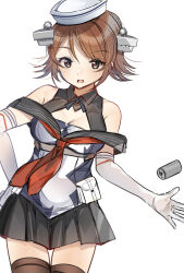 Rule 34 | 1girl, black sailor collar, black skirt, black thighhighs, breasts, brown eyes, brown hair, cleavage, cowboy shot, depth charge, dixie cup hat, dress, elbow gloves, flipped hair, gloves, grey shirt, hand on own hip, hat, highres, kantai collection, kaomoji (sagor00237), looking at viewer, military hat, neckerchief, off-shoulder dress, off shoulder, open mouth, red neckerchief, richard p. leary (kancolle), sailor collar, shirt, short hair, simple background, skirt, solo, thighhighs, white background, white gloves, white hat