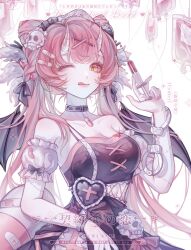 1girl bandaid bare_shoulders breasts cleavage congche cuffs double_bun dress hair_bun hair_ornament handcuffs heart highres holding holding_syringe horns intravenous_drip long_hair looking_at_viewer one_eye_closed original pill pink_hair solo syringe tongue tongue_out twintails wings yellow_eyes