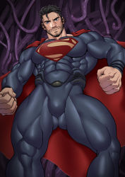 1boy abs beard black_hair blue_eyes bodysuit cape dc_comics facial_hair highres kryptonian looking_down male_focus mature_male muscular muscular_arms muscular_legs muscular_male pectorals superman tentacles thick_thighs thighs