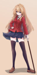 1girl :/ absurdres aisaka_taiga black_ribbon black_thighhighs blazer blue_skirt bokken breasts brown_background brown_eyes brown_hair buttons double-breasted floating_clothes full_body hair_between_eyes hand_on_own_hip highres holding holding_sword holding_weapon iliketequila jacket long_hair long_sleeves looking_down miniskirt oohashi_high_school_uniform pleated_skirt red_jacket ribbon school_uniform skirt small_breasts solo sword thighhighs toradora! wavy_hair weapon wooden_sword zettai_ryouiki