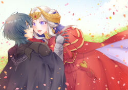 1boy 1girl :d armored_gloves black_cape black_gloves blue_eyes cape closed_mouth couple dress edelgard_von_hresvelg edelgard_von_hresvelg_(timeskip) fake_horns fire_emblem fire_emblem:_three_houses gloves green_hair hair_bun hetero holding_hands horns interlocked_fingers kazayuu_(yuuri) long_hair looking_at_another male_byleth_(fire_emblem) nintendo open_mouth petals red_cape red_dress red_gloves short_hair smile standing tongue white_hair