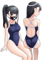 1girl 28_(282teeth) absurdres alternate_hairstyle ass back_cutout bags_under_eyes bare_legs black_eyes black_hair black_mask blue_archive blue_one-piece_swimsuit blunt_bangs breasts clothing_cutout collarbone feet_out_of_frame groin halo high_ponytail highleg highleg_one-piece_swimsuit highres invisible_chair long_hair looking_at_viewer mask medium_breasts mouth_mask multiple_views one-piece_swimsuit ponytail side_ponytail simple_background sitting straight_hair sukeban_(smg)_(blue_archive) swimsuit white_background x