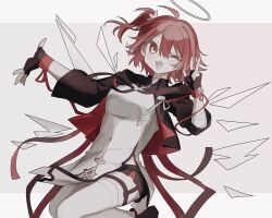 1girl ;d ahoge arknights black_gloves black_jacket black_shoes black_shorts breasts commentary cropped_jacket detached_wings dress exusiai_(arknights) exusiai_the_new_covenant_(arknights) fingerless_gloves gloves grey_background grey_wings hair_between_eyes halo highres jacket looking_at_viewer micang_pu multicolored_hair one_eye_closed one_side_up open_clothes open_jacket open_mouth red_eyes red_hair shoes short_shorts shorts small_breasts smile solo symbol-only_commentary thighhighs two-tone_hair v white_dress white_thighhighs wings