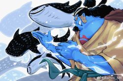 Rule 34 | 1boy, absurdres, animal, black hair, blue skin, chest tattoo, colored skin, commentary, facial hair, fish, goatee, green sash, half updo, highres, japanese clothes, jinbe (one piece), kimono, long hair, looking ahead, male focus, one piece, profile, sash, symbol-only commentary, tattoo, thick eyebrows, tusks, underwater, vamos mk, whale shark