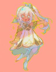 1girl ahoge alternate_skin_color anklet arm_at_side armlet bloomers blush_stickers dark-skinned_female dark_skin detached_sleeves dress eyelashes full_body genshin_impact gold gold_trim green_eyes green_hair green_sleeves grey_pupils hair_between_eyes hair_ornament highres jewelry leaf leaf_hair_ornament long_hair multicolored_hair nahida_(genshin_impact) open_hands outstretched_arm pink_background pointy_ears shouttie side_ponytail sidelocks sketch socks solo stirrup_footwear streaked_hair tareme underwear white_bloomers white_dress white_hair white_socks