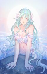 1girl absurdres aqua_hair bikini breasts cleavage collarbone commentary english_commentary fins flower green_eyes hair_flower hair_ornament head_fins highres horns jewelry liliantsai0417 long_hair medium_breasts mermaid monster_girl nail_polish navel necklace original parted_lips pink_bikini single_horn solo stomach swimsuit very_long_hair