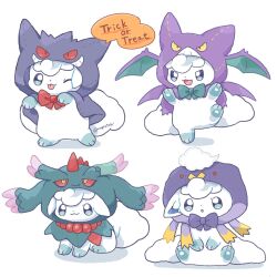 :o alolan_form alolan_vulpix cosplay crobat drifblim flutter_mane game_freak gen_1_pokemon gen_2_pokemon gen_4_pokemon gen_7_pokemon gengar green_eyes halloween highres kana_(maple926) nintendo pokemon pokemon_(creature) sitting smile tongue tongue_out trick_or_treat twitter_username white_background white_hair