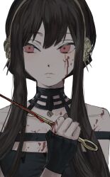 1girl black_hair blood blood_on_face blood_on_hands bloody_weapon blush collarbone highres holding holding_weapon red_eyes short_hair_with_long_locks simple_background solo spy_x_family upper_body weapon white_background yadu_nadu yor_briar