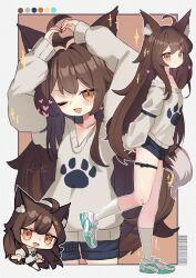 1girl ahoge animal_ears brown_hair chibi color_guide commentary commission heart heart_hands highres long_hair multiple_views one_eye_closed original saebashi shorts skeb_commission smile symbol-only_commentary tail
