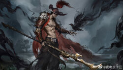 1boy abs armor baggy_pants bare_pectorals belt belt_buckle bird bird_on_hand black_hair black_hat black_pants bracer brown_belt buckle cape character_request chinese_commentary cliff closed_mouth cloud cloudy_sky collarbone commentary_request crown darkness feet_out_of_frame glaive_(polearm) hat hat_feather highres holding holding_polearm holding_weapon jewelry lips looking_at_another male_focus navel necklace no_nipples outdoors outstretched_hand pants pauldrons pectorals polearm pond rain realistic red_cape short_hair shoulder_armor sky solo standing stomach storm toned toned_male torn_cape torn_clothes tree watermark weapon weibo_watermark wet wide_brim wolf ye_dian_pikaqiu yong_jie_wujian