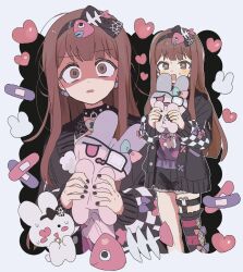 1girl bandaid black_cardigan black_choker black_hairband black_nails black_shorts blunt_bangs blush brown_hair cardigan choker doll dot_nose eyepatch fish_skeleton hair_ribbon hairband heart heart-shaped_pupils highres holding holding_doll idolmaster idolmaster_million_live! idolmaster_million_live!_theater_days long_hair long_sleeves looking_at_viewer medical_eyepatch official_alternate_costume open_cardigan open_clothes open_mouth pnt_0202 purple_shirt ribbon shaded_face shirt shorts sidelocks single_thighhigh spider_web_print straight_hair stuffed_animal stuffed_rabbit stuffed_toy sweatdrop symbol-shaped_pupils tanaka_kotoha thighhighs yandere