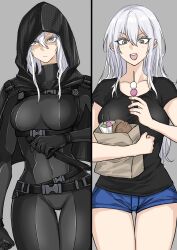 1girl absurdres bag black_bodysuit black_cloak bodysuit breasts cloak dango eating food fuku_(fuku12290574) grey_eyes highres holding holding_food holding_knife holding_skewer hood hood_up hooded_cloak knife long_hair medium_breasts military open_mouth original paper_bag sanshoku_dango serious skewer skin_tight smile solo taiyaki wagashi white_hair
