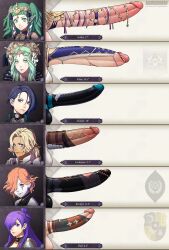 6+futa absurdres artist_name blonde_hair blue_eyes blue_hair catherine_(fire_emblem) commentary english_commentary fire_emblem fire_emblem:_three_houses futanari green_eyes green_hair hair_over_one_eye highres huge_penis kronya_(fire_emblem) kushishekku large_penis long_hair multiple_futa nintendo orange_hair patreon_username penis penis_chart penis_size_difference pointy_ears ponytail purple_eyes purple_hair rhea_(fire_emblem) shamir_nevrand shez_(female)_(fire_emblem) shez_(fire_emblem) short_hair smile sothis_(fire_emblem) testicles veins veiny_penis watermark