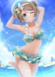 Rule 34 | 1girl, aqua bikini, arms up, ball, bikini, bikini day, bird, blue eyes, blue sky, blush, bracelet, breasts, chest tattoo, cleavage, cloud, commentary request, double bun, hair bun, headband, holding, holding ball, jewelry, light brown hair, looking at viewer, love live!, love live! sunshine!!, medium breasts, navel, one eye closed, satolive20, skirt, sky, smile, solo, standing, standing on one leg, star (symbol), swimsuit, tattoo, watanabe you, water, water drop, wet