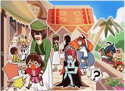 2boys 6+girls :d :| ^_^ absurdres ahoge antenna_hair barbara_(genshin_impact) basket beamed_sixteenth_notes bird black_dress black_footwear blank_speech_bubble blonde_hair blue_eyes blue_hair newsboy_cap cape carrying closed_eyes closed_mouth clover crossed_bangs crying dark-skinned_male dark_skin detached_sleeves dress drill_hair eighth_note elbow_gloves enpitsu01 food four-leaf_clover frilled_dress frills fruit fur-trimmed_cape fur_trim genshin_impact gloves gotelinde_(genshin_impact) green_headwear green_shirt grey_hair habit hair_between_eyes hair_ornament hair_over_one_eye hair_over_shoulder hat highres holding holding_basket holding_needle holding_syringe kaeya_(genshin_impact) klee_(genshin_impact) mini_hat multicolored_hair multiple_boys multiple_girls musical_note needle nun official_alternate_costume open_mouth pale_skin palm_tree parrot ponytail purple_hair red_eyes red_hair red_headwear rosaria_(genshin_impact) rosaria_(to_the_church&#039;s_free_spirit)_(genshin_impact) shirt short_hair short_hair_with_long_locks sidelocks sixteenth_note skirt slav_squatting smile speech_bubble squatting streaked_hair sweatdrop swept_bangs syringe teardrop tears tree twin_drills twintails two-tone_dress victoria_(genshin_impact) white_dress white_gloves white_skirt white_sleeves