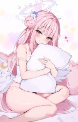 1girl angel_wings blue_archive blush camisole feathered_wings flower grin hair_bun hair_flower hair_ornament halo heart heart-shaped_pillow highres hugging_object long_hair looking_at_viewer low_wings mika_(blue_archive) motion_lines nenight panties pillow pillow_hug pink_hair pink_halo purple_flower single_side_bun sitting smile solo strap_slip underwear very_long_hair white_background white_camisole white_panties white_wings wing_ornament wings yellow_eyes yokozuwari