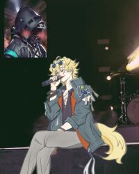 1boy 1other ahoge animal_ears arknights bandaged_arm bandages black_bandages black_jacket black_mask black_shirt blonde_hair blue_eyes blue_jacket bracelet chinese_commentary collarbone commentary_request crossed_legs crowd doctor_(arknights) dog_boy dog_ears dog_tail drum eyewear_on_head fan_screaming_at_madison_beer_(meme) grey_pants hair_between_eyes hand_up highres holding holding_microphone hood hood_up instrument jacket jewelry jiuqing499 mask meme messy_hair microphone one_eye_closed open_clothes open_jacket open_mouth open_shirt pants shirt sitting smile stage string sunglasses tail tequila_(arknights) tequila_(top_tier_live)_(arknights) thick_eyebrows tongue white_shirt white_string