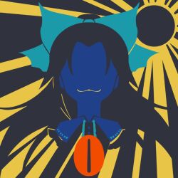 Rule 34 | :3, black hair, black sun, blue ribbon, buttons, collared shirt, frilled shirt collar, frills, hair ribbon, limited palette, long hair, maskin mei, minimalism, red eyes, reiuji utsuho, ribbon, shirt, slit pupils, smile, sun, sunlight, touhou, vector art