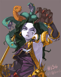 1boy 1girl 2013 armor armpits asymmetrical_clothes blue_eyes bow_(weapon) breasts brown_hair claws dated detached_sleeves dress earrings facial_tattoo fangs fingernails flying_sweatdrops forked_tongue from_behind giant giantess green_hair grey_background highres jewelry junkpuyo kid_icarus kid_icarus_uprising large_breasts licking_lips lips living_hair long_hair lots_of_jewelry medusa_(kid_icarus) nail_polish nintendo open_mouth pale_skin pit_(kid_icarus) purple_eyes scales sharp_fingernails short_hair sideboob simple_background slit_pupils snake snake_hair staff standing sweatdrop tattoo tongue tongue_out vambraces weapon wings