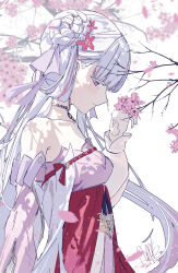 1girl absurdres bare_shoulders closed_mouth collarbone colored_eyelashes commentary cowboy_shot dated english_commentary flower from_side hair_flower hair_ornament hair_ribbon hand_up highres jinhsi_(peach_blossom)_(wuthering_waves) jinhsi_(wuthering_waves) light_blush official_alternate_costume pink_flower profile purple_ribbon qtian ribbon signature solo white_background white_eyelashes wuthering_waves