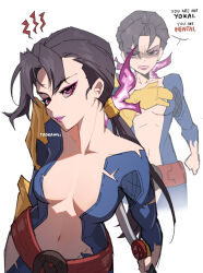 1girl angry belt black_hair blush breasts highres long_hair looking_at_viewer marvel marvel_rivals ponytail psylocke psylocke_(retro_x-uniform) revealing_clothes superhero_costume sword weapon wokiiarts x-men
