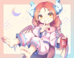 1girl barefoot chibi covered_horns cup dragon_girl dragon_horns dragon_tail dragon_wings finger_to_mouth highres holding holding_cup horns iris_mysteria! looking_at_viewer moroheiya_(takushiage) pajamas red_hair sharon_oliva shushing soles tail wings yellow_eyes