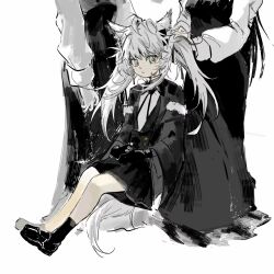 3girls aged_down animal_ears aqua_eyes arknights black_gloves black_shoes black_skirt black_socks bolo_tie chinese_commentary closed_mouth collared_shirt commentary_request earrings gloves head_out_of_frame highres jewelry lappland_(arknights) loafers long_hair long_sleeves miniskirt multiple_girls shirt shoes sitting skirt socks tail tuitangguxuanshou twintails white_shirt wolf_ears wolf_girl wolf_tail