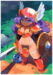 Rule 34 | 1girl, absurdres, armor, bacun, bikini armor, blue eyes, breasts, cleavage, dragon quest, dragon quest iii, frown, grass, helmet, highres, holding, holding shield, holding sword, holding weapon, large breasts, long hair, pelvic curtain, purple hair, red armor, red helmet, shield, shoulder armor, slime (dragon quest), warrior (dq3), standing, sword, wavy hair, weapon, winged helmet