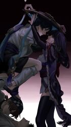 1girl 3boys armor belt black_background black_belt black_eyes black_footwear black_hair black_shorts black_thighhighs blank_eyes blue_hat bridal_gauntlets brown_hair cape checkered_clothes checkered_hat eye_contact eyeliner eyeshadow face-to-face furisode genshin_impact gold gold_ring gradient_background hand_in_another&#039;s_hair hand_on_another&#039;s_face hat headscarf highres japanese_clothes jingasa kimono kimono_skirt leaning_forward leg_warmers long_hair looking_at_another low-braided_long_hair low-tied_long_hair lying makeup middle_ring mother_and_son multiple_boys niwa_(genshin_impact) obi obiage obijime on_back on_person open_hand open_mouth outstretched_arm parted_lips pink_background ponytail purple_cape purple_eyes purple_hair purple_kimono purple_rope purple_sash purple_sleeves raiden_shogun red_eyeliner red_eyeshadow red_lips rope sandals sash scaramouche_(genshin_impact) short_ponytail short_sleeves shorts shoulder_armor si_yam single_sidelock squatting standing tassel tears thighhighs very_long_hair wanderer_(genshin_impact) white_leg_warmers white_sleeves wide_sleeves zouri