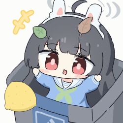 1girl ahoge animal_ears animated animated_gif black_hair blue_archive blue_shirt blunt_bangs blush_stickers chibi commentary fake_animal_ears food fruit green_neckerchief grey_halo halo hands_up in_container in_trash_can leaf leaf_on_head lemon long_hair long_sleeves looking_at_viewer meme miyu_(blue_archive) neckerchief no_nose outstretched_arms pink_pupils rabbit_ears recycle_bin red_eyes sailor_collar shirt solo thour_(meme) tongue tongue_out trash_can trembling umihio upper_body very_long_hair white_sailor_collar