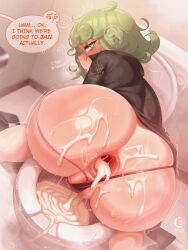Rule 34 | 1boy, 1girl, absurdres, after anal, ass, ass focus, back, bathroom, blush, breasts, clothing aside, cum, excessive cum, exhibitionism, from behind, gaping, grabbing another&#039;s hair, hetero, highres, holding another&#039;s hair, huge ass, makeup, mascara, one-punch man, open mouth, public indecency, saitama (one-punch man), sex, sex toy, short hair, sweat, tatsumaki, tears, thong, thong aside, toilet, uncensored, vibrator, windmill (windmillg)