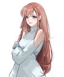 1girl aqua_eyes bare_shoulders commentary dress final_fantasy final_fantasy_xiv hair_ribbon highres korean_commentary light_smile long_hair looking_at_viewer orange_hair pink_ribbon ppeunyaa ribbon ryne_waters sidelocks simple_background solo upper_body white_background white_dress