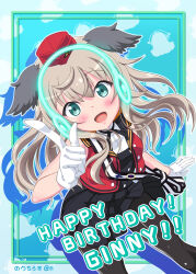 Rule 34 | 1girl, animal ears, artist name, aviation magic band, bird ears, bird girl, black pantyhose, black skirt, blonde hair, blue eyes, blush, character name, english text, garrison cap, gloves, happy, happy birthday, hat, highres, hirschgeweih antennas, long hair, luminous witches, nautilus (artist), open mouth, pantyhose, skirt, solo, standing, virginia robertson, white gloves, world witches series