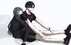 Rule 34 | 1boy, 1girl, bare legs, black-framed eyewear, black hair, black jacket, black leggings, black shirt, black shoes, black shorts, commentary request, full body, gakuen idolmaster, glasses, green hair, hetero, hug, hug from behind, idolmaster, jacket, kasasagi (futagodori888), leggings, long hair, producer (idolmaster), shirt, shoes, short hair, shorts, sitting, sneakers, t-shirt, tsukimura temari, very long hair, watch, workout clothes, wristwatch