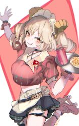 1girl black_skirt blonde_hair burnice_white can closed_mouth drink_can highres holding holding_plate looking_at_viewer mad_burnish medium_hair natumusumeab pink_shirt plate red_eyes roller_skates shirt skates skirt smile soda_can solo thigh_strap twintails zenless_zone_zero