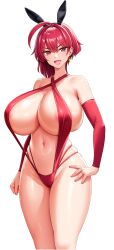 1girl :d absurdres ahoge animal_ear_hairband animal_ears areola_slip arm_at_side black_hairband breasts cleavage clenched_hand covered_erect_nipples derauea detached_sleeves earrings fake_animal_ears floating_earring game_cg hair_intakes hairband hand_on_own_hip highres huge_breasts jewelry light_blush looking_at_viewer lumiera_lil_earthian mature_female medium_hair motto!_haramase!_honoo_no_oppai_isekai_oppai_bunny_gakuen! navel non-web_source nontraditional_playboy_bunny official_art open_mouth rabbit_ear_hairband rabbit_ears red_eyes red_hair red_sleeves red_slingshot_swimsuit ring slingshot_swimsuit smile solo standing star_(symbol) star_in_eye strap_gap swimsuit symbol_in_eye tachi-e transparent_background wedding_ring