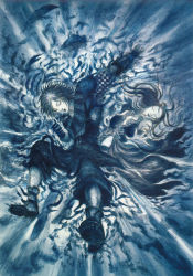 00s 1boy 1girl amano_yoshitaka blue_theme final_fantasy final_fantasy_x final_fantasy_x-2 lenne_(ff10) monochrome official_art shuyin