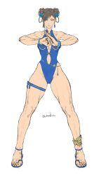 Rule 34 | 1girl, blue one-piece swimsuit, bracelet, braid, braided hair rings, breasts, capcom, chun-li, cleavage, double bun, fist in hand, flat color, flower, hair bun, hair flower, hair ornament, hair rings, highleg, highleg one-piece swimsuit, highres, jewelry, legs apart, looking at viewer, muscular, muscular female, nom1207, official alternate costume, official alternate hairstyle, one-piece swimsuit, own hands together, palm-fist greeting, sandals, solo, street fighter, street fighter 6, swimsuit, thigh gap
