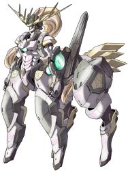 Rule 34 | antlers, blade, blonde hair, centauroid, clenched hand, clock, full body, gundam, highres, horns, mecha, no humans, original, robot, saraki yukata, standing, taur, transparent background