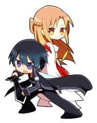 1boy 1girl asuna_(sao) black_coat black_hair black_pants braid brown_hair coat commentary_request deformed dress fighting_stance full_body holding holding_sword holding_weapon kirito long_hair no_nose open_mouth pants sakaduki_chako sleeveless sleeveless_dress sword sword_art_online weapon white_dress