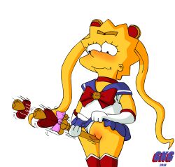 10s 1girl 2014 bishoujo_senshi_sailor_moon black_eyes blonde_hair blue_skirt blush boots bow brooch choker clothes_lift clothing_aside colored_skin cosplay crossover gkg gloves hair_ornament highres jewelry leotard leotard_aside lisa_simpson loli long_hair looking_down masturbation moon_stick object_insertion pussy red_boots red_bow sailor_moon sailor_moon_(cosplay) simple_background skirt skirt_lift spiked_hair spiral_heart_moon_rod the_simpsons tiara transformation_brooch_(sailor_moon) twintails vaginal vaginal_object_insertion wand white_background white_gloves white_leotard yellow_skin